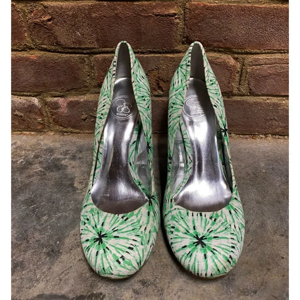 Jessica Simpson JP Oscar Green Multi Fabric Cork Heel Pump Size 9